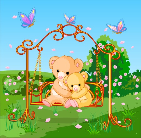 Two cute bears on seesaw in spring day.のイラスト素材