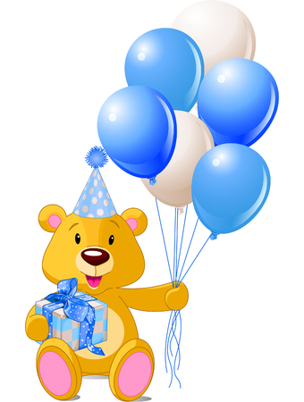 Teddy Bear sitting with blue gift box and balloonsのイラスト素材