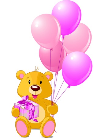 Teddy Bear sitting with gift box and pink balloonsのイラスト素材