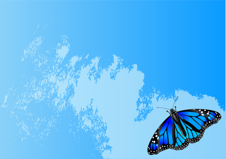 Background shows blue abstract graphic with colorful butterflyのイラスト素材