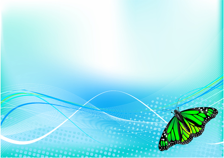 Background shows blue abstract graphic with colorful butterflyのイラスト素材