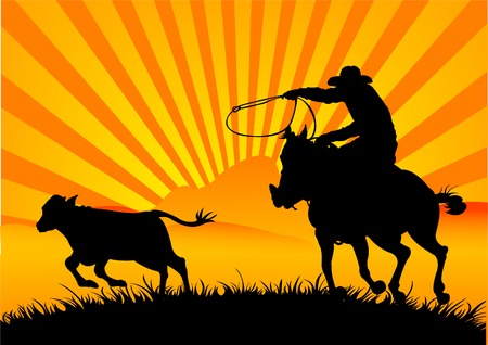 A vector silhouette of a cowboy roping a calfのイラスト素材