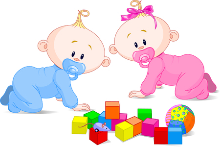 Toddlers babes-twins (boy and girl) and the toys のイラスト素材
