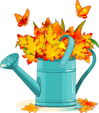 Watering can with bouquet of autumn leafsのイラスト素材