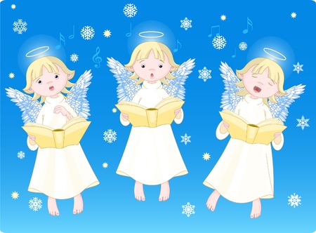 Three cute cartoon angels singing Christmas carols. Background is separate layerのイラスト素材