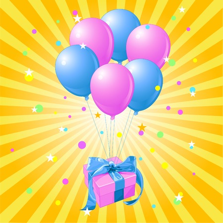 Gift with the bunch of balloons on yellow backgroundのイラスト素材
