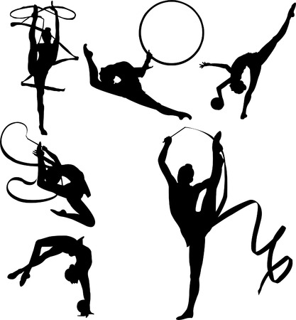 Vector silhouettes of six rhythmic gymnasts with apparatus including ribbon and ballのイラスト素材