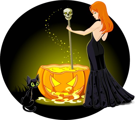 A sexy witch mixes a potion in her cauldron. Background on separate layer for easy editing.のイラスト素材
