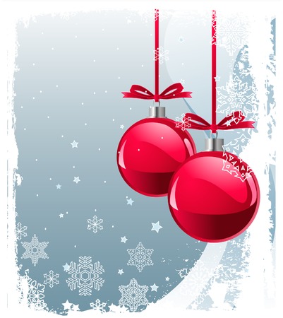 Red Christmas Balls on Christmas snowing backgroundのイラスト素材