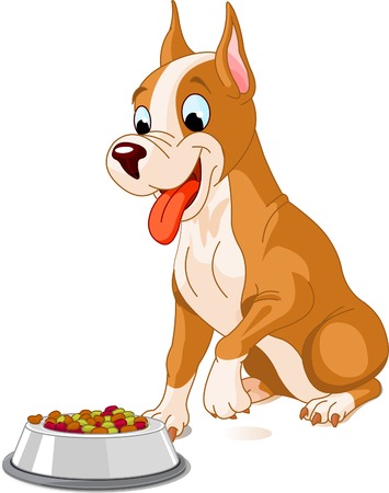 Hungry dog about to eat a bowl of dog food のイラスト素材