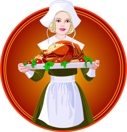 Young woman dressed as a Pilgrim for USA Thanksgiving Holiday, serving a big turkey dinner のイラスト素材