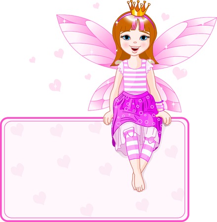 Little pink fairy sitting on place card. All objects are separate groupsのイラスト素材