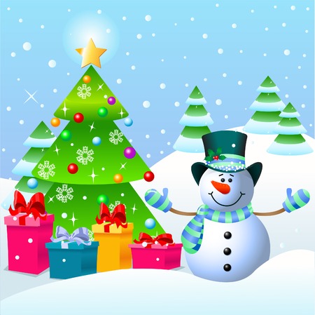 Cute Snowman standing near a Christmas tree のイラスト素材