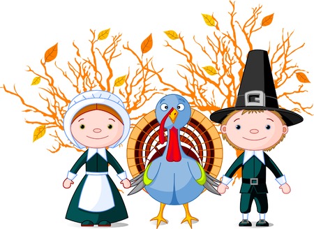Pilgrims holding a wings (hands) with turkey. All objects are separatedのイラスト素材