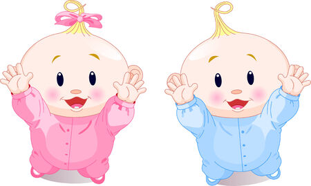 illustration of lovely twins with hands upのイラスト素材