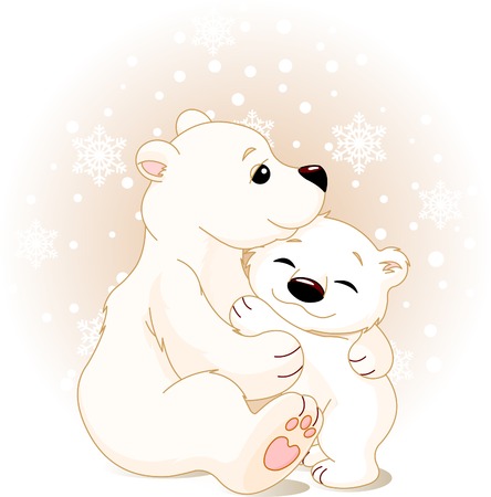 Winter day. Snowing. Mother bear hugging her babyのイラスト素材