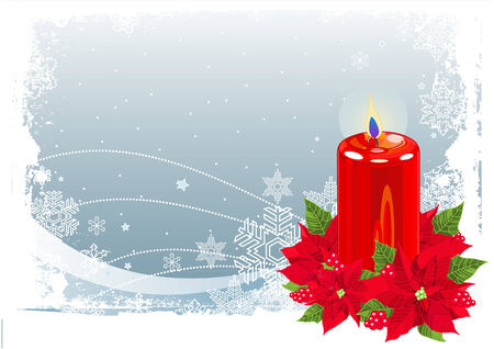 Red Christmas Candle with Poinsettias on Christmas snowing backgroundのイラスト素材