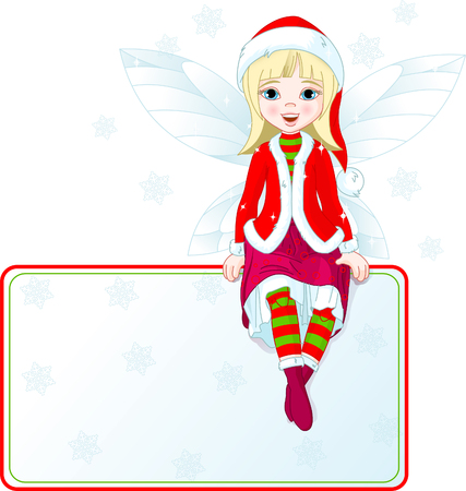 Little Christmas fairy sitting on place card. All objects are separate groupsのイラスト素材