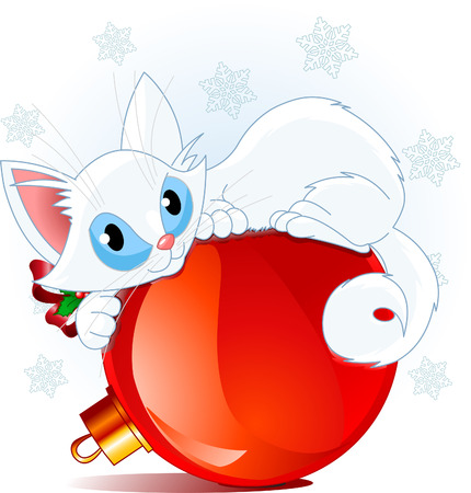 A cute white cat lying on a Christmas ball.のイラスト素材