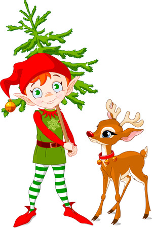 Rudolf and Cute Christmas elf hording Christmas treeのイラスト素材