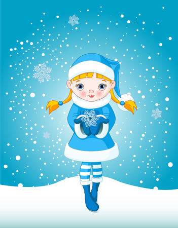Winter Cute little girl holding a beautiful Snowflake on snowing backgroundのイラスト素材