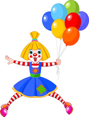 The funny clown girl jumping with balloons. illustrationのイラスト素材