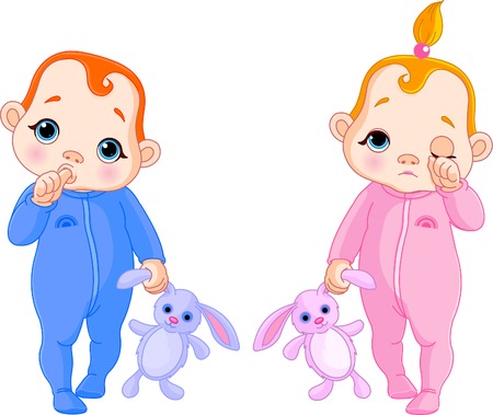 Adorable vector illustration of twins going to sleepのイラスト素材
