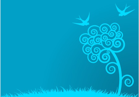A blue field background with spring tree and birdsのイラスト素材