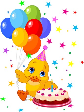 Cute Duckling with party hat  holding balloonsのイラスト素材