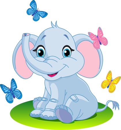 Very Cute baby elephant sitting; on the meadow;のイラスト素材