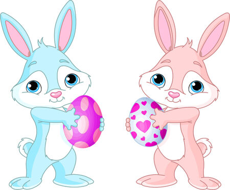 Two Cute Easter Bunnies  holding Easter Eggsのイラスト素材