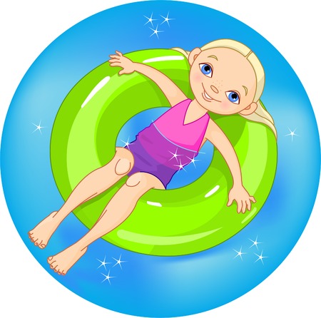 Very cute girl on a green lifesaverのイラスト素材