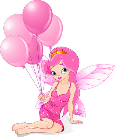Adorable Birthday Fairy with bunch of balloonsのイラスト素材