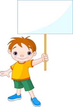 Cute boy holding a blank sign for your messageのイラスト素材