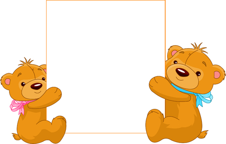 Illustration of two cartoon Teddy bears holding a blank sign ready for you to input text of your choiceのイラスト素材
