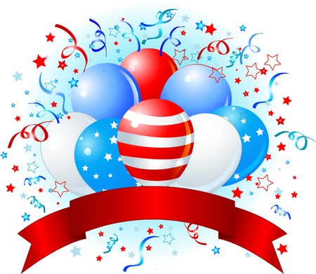 Patriotic American design with balloons, confetti & copy space ribbon. のイラスト素材