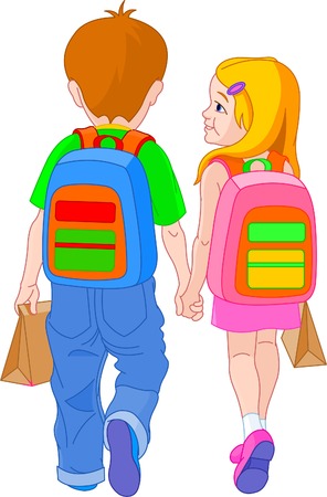 Illustration of girl and boy go to schoolのイラスト素材