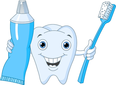 Cartoon Tooth Character holding toothbrush and toothpasteのイラスト素材