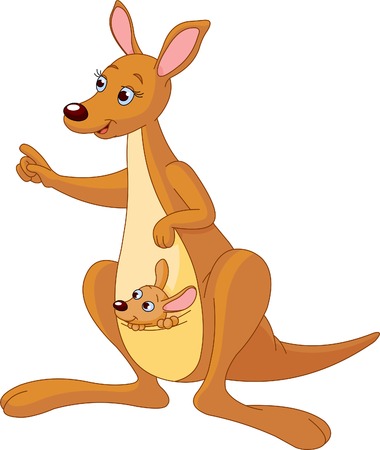 Pointing cartoon kangaroo and its baby Joey.のイラスト素材