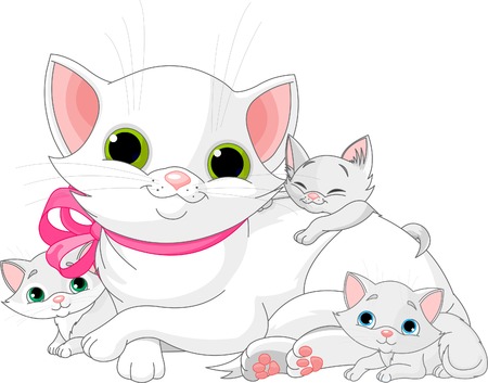 Illustration of white Cats family - mother with kittensのイラスト素材