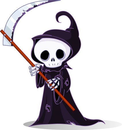 Cute cartoon grim reaper with scythe  isolated on whiteのイラスト素材