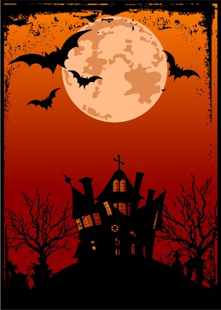 Grunge Halloween background with haunted house, bats and full moonのイラスト素材
