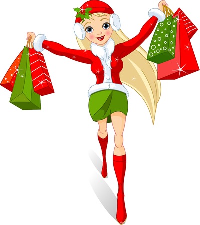  Christmas  shopping.  Illustration of a girl with shopping bagsのイラスト素材