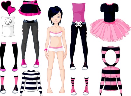 Paper Doll with different dresses .  Emo stileのイラスト素材
