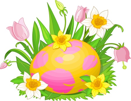Illustration of beautiful Easter egg in a grass and flowersのイラスト素材
