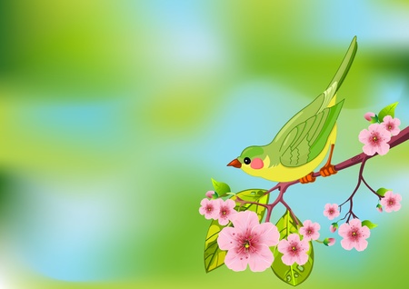 Cute bird sitting on blossom tree branchのイラスト素材