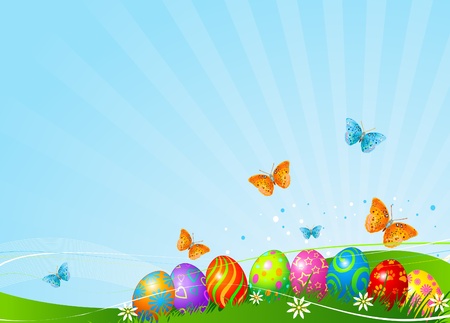 Abstract Easter background with Beautiful coloring Easter eggs on the meadowのイラスト素材