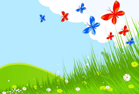 Idyllic spring landscape with butterfliesのイラスト素材