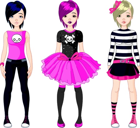 Illustration of three  Emo stile girlsのイラスト素材