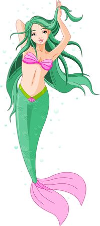 Illustration of a beautiful mermaid girl under the seaのイラスト素材